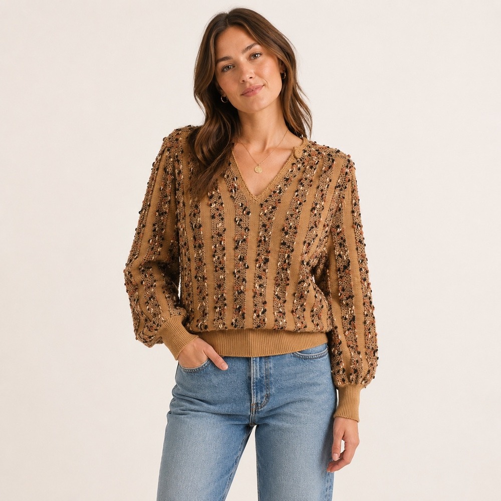 Vintage Textured Abstract Popcorn Knit Sweater Balloon Sleeve Grandpa Artisan M